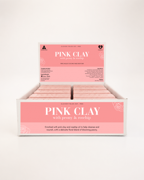 NATURAL SOAP BAR WITH ORGANIC PINK CLAY 150G - A NATURAL COCONUT BASE SOAP BAR  CONTAINING PINK CLAY WITH ROSEHIP AND PEONY. Quality natural handmade soaps, candle, home, bathroom & beauty products make great gift ideas for him & her for any occasion or if you just want to treat yourself.