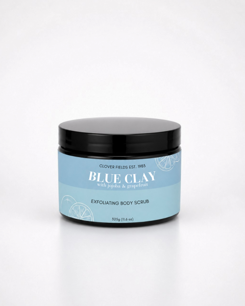 BLUE CLAY EXFOLIATING SUGAR SCRUB 325GRAMS - AN EXFOLIATING SUGAR SCRUB CONTAINING BLUE CLAY WITH PURE JOJOBA AND GRAPEFRUIT TO DETOX, CLEANSE AND NATURALLY MOISTURISE YOUR BODY.  COMBINE BI-WEEKLY THIS SCRUB WITH DAILY APPLICATION OF THE BLUE CLAY HYDRATING LOTION AND MOISTURISING CLEANSER FOR A GREAT SKIN CARE ROUTINE. Quality natural handmade soaps, candle, home, bathroom & beauty products make great gift ideas for him & her for any occasion or if you just want to treat yourself.