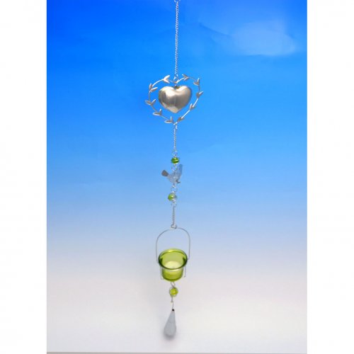 CANDLE HOLDER -  HEART IN A HEART HANGER - <p>A steel heart and dove mobile with glass beads and bell dangle fits 1 tealight. 3 x15 x 98cm</p> Quality natural handmade soaps, candle, home, bathroom & beauty products make great gift ideas for him & her for any occasion or if you just want to treat yourself.