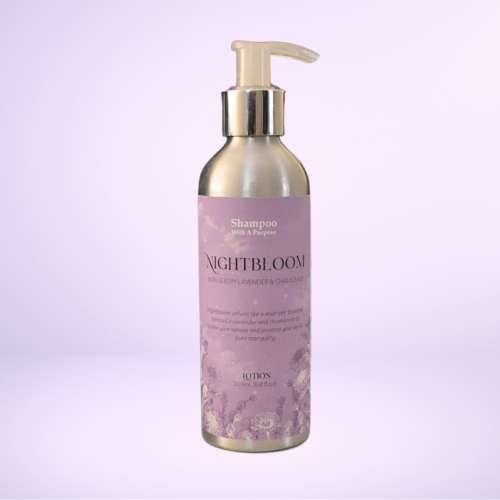 NIGHTBLOOM LOTION 200ML/6 - Nightbloom unfurls like a midnight blossom, steeped in lavender and chamomile to soothe your senses and envelop your skin in pure tranquility. 

Nightbloom 200mL Lotion deeply nourishes and hydrates the skin with soothing lavender and tranquil chamomile, leaving you feeling soft, refreshed, and relaxed.

Directions: Massage a small amount onto dry or damp skin, allowing it to absorb fully. Breathe in the calming aroma of lavender and chamomile to unwind and prepare for a restful nights sleep.

Ingredients: Purified Water (Aqua), Plant Origin Glycerin (Glycerine), Stearic Acid, Macadamia Ternifolia Seed Oil, Sweet Almond Oil (Prunus Amygdalus Dulcis), Behenyl Alcohol, Glyceryl Stearate Citrate, Simmondsia Chinensis (Jojoba) Seed Oil, Lavender Essential Oil (Lavandula Angustifolia), Shea Butter (Butyrospermum Parkii), Chamomile Flower Extract (Chamomilla Recutita (Matricaria) Flower Extract), Polyacrylic Acid, Vitamin E (Tocopherol). Quality natural handmade soaps, candle, home, bathroom & beauty products make great gift ideas for him & her for any occasion or if you just want to treat yourself.