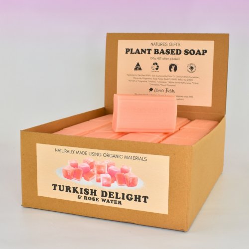 TURKISH DELIGHT 100G NATURES GIFTS SOAP - A beautifully crafted soap inspired by the classic confection, our Turkish Delight with Rose
Water bar combines an elegant floral fragrance with gentle, skin-loving ingredients. Its soft pink
hue and delicate rose aroma make it a standout addition to any display, appealing to customers
seeking both luxury and nostalgia.
Each 100g bar is unboxed and supplied in a convenient display unit for easy merchandising and
strong shelf appeal. Ideal for boutiques, pharmacies, gift shops, and eco-conscious retailers
looking to offer an eye-catching, naturally inspired soap with proven sell-through potential. Quality natural handmade soaps, candle, home, bathroom & beauty products make great gift ideas for him & her for any occasion or if you just want to treat yourself.