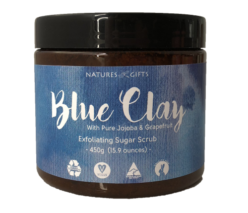 BLUE CLAY EXFOLIATING SUGAR SCRUB 450GRAMS - AN EXFOLIATING SUGAR SCRUB CONTAINING BLUE CLAY WITH PURE JOJOBA AND GRAPEFRUIT TO DETOX, CLEANSE AND NATURALLY MOISTURISE YOUR BODY.  COMBINE BI-WEEKLY THIS SCRUB WITH DAILY APPLICATION OF THE BLUE CLAY HYDRATING LOTION AND MOISTURISING CLEANSER FOR A GREAT SKIN CARE ROUTINE. Quality natural handmade soaps, candle, home, bathroom & beauty products make great gift ideas for him & her for any occasion or if you just want to treat yourself.
