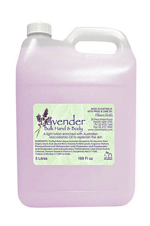 BULK 5L HAND AND BODY LOTION LAVENDER - Lavender Fragranced & light non-greasy lotion made with Natural Australian Macadamia Oil.
PLEASE NOTE: Natural colouring is being discontinued from our BULK LIQUIDS. These items will instead show a slight tinge of colour from the natural oils and therefore become mostly clear from October 2024.
Packed in an economical 5 litre size to refill your own containers. A great saving!! Check out our 5 litre bottle pump for easy dispensing.
For fundraising we also have a range of bottles & labels available for self filling. Clover Fields also has an in-house printing service and we can print custom labels, please contact us for more information.
Quality natural handmade soaps, candle, home, bathroom & beauty products make great gift ideas for him & her for any occasion or if you just want to treat yourself.