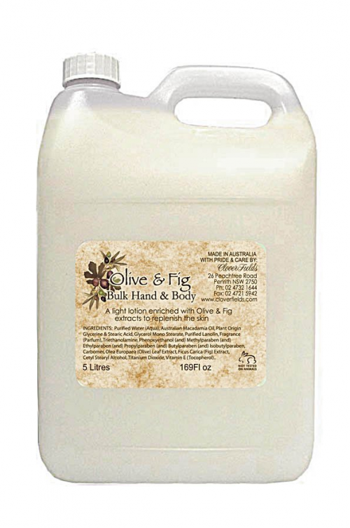 BULK 5L HAND AND BODY LOTION OLIVE AND FIG - OLIVE AND FIG Bulk Hand and Body lotion made with Natural Australian Macadamia Oil.
PLEASE NOTE: Natural colouring is being discontinued from our BULK LIQUIDS. These items will instead show a slight tinge of colour from the natural oils and therefore become mostly clear from October 2024.
Packed in an economical 5 litre size to refill your own containers. A great saving!! Check out our 5 litre bottle pump for easy dispensing. 
For fundraising we also have a range of bottles & labels available for self filling. Clover Fields also has an in-house printing service and we can print custom labels, please contact us for more information. Quality natural handmade soaps, candle, home, bathroom & beauty products make great gift ideas for him & her for any occasion or if you just want to treat yourself.