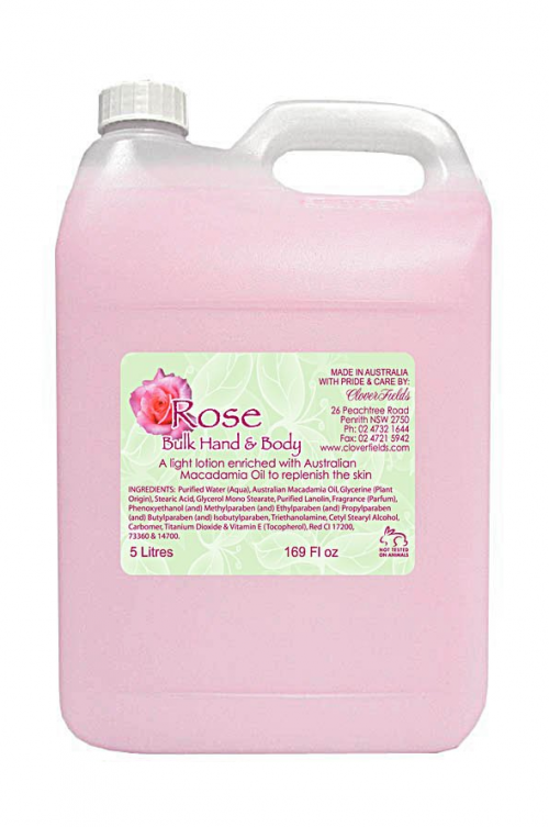 BULK 5L HAND AND BODY LOTION ROSE - ROSE Fragranced light non-greasy lotion made with Natural Australian Macadamia Oil.
PLEASE NOTE: Natural colouring is being discontinued from our BULK LIQUIDS. These items will instead show a slight tinge of colour from the natural oils and therefore become mostly clear from October 2024.
Packed in an economical 5 litre size to refill your own containers. A great saving!! Check out our 5 litre bottle pump for easy dispensing.
For fundraising we also have a range of bottles & labels available for self filling. Clover Fields also has an in-house printing service and we can print custom labels, please contact us for more information. Quality natural handmade soaps, candle, home, bathroom & beauty products make great gift ideas for him & her for any occasion or if you just want to treat yourself.
