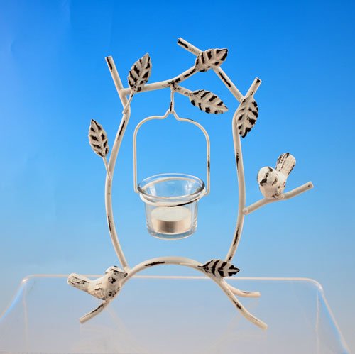 CANDLE HOLDER -  BIRDS ON TREE BRANCH -  Birds on tree branch with white distressed metal.  Antique reproduction hanging glass candle holder. Uses tealight candles. 6 x 22 x 25 Quality natural handmade soaps, candle, home, bathroom & beauty products make great gift ideas for him & her for any occasion or if you just want to treat yourself.
