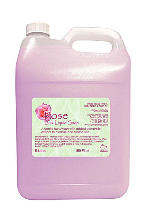 BULK 5L LIQUID SOAP ROSE - <p>ROSE Bulk LIQUID SOAP in an economical 5 litre size to refill your own containers. A great saving!! Check out our 5 litre bottle pump for easy dispensing too. This Liquid Soap is mild and gentle on the skin & suitable for the whole family. Try adding a capful to your washing machine, it saves money and linens smell fantastic. This product can also be used in spa baths. Please start with small quantities on low speed to avoid a frothy nightmare. 
PLEASE NOTE: Natural colouring is being discontinued from our BULK LIQUIDS. These items will instead show a slight tinge of colour from the natural oils and therefore become mostly clear from October 2024.
 Quality natural handmade soaps, candle, home, bathroom & beauty products make great gift ideas for him & her for any occasion or if you just want to treat yourself.