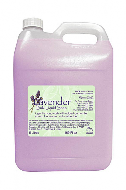 BULK 5L LIQUID SOAP LAVENDER - <p>LAVENDER Bulk LIQUID SOAP in an economical 5 litre size to refill your own containers. A great saving!! Check out our 5 litre bottle pump for easy dispensing too. This Liquid Soap is mild and gentle on the skin & suitable for the whole family. Try adding a capful to your washing machine, it saves money and linens smell fantastic. This product can also be used in spa baths. Please start with small quantities on low speed to avoid a frothy nightmare. 

PLEASE NOTE: Natural colouring is being discontinued from our BULK LIQUIDS. These items will instead show a slight tinge of colour from the natural oils and therefore become mostly clear from October 2024. Quality natural handmade soaps, candle, home, bathroom & beauty products make great gift ideas for him & her for any occasion or if you just want to treat yourself.