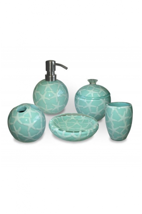 BLUE STAR RESINWARE VANITY SET - High quality bathroom ware. Includes elegant Starfish design Tumbler, Dispenser, Soap Dish, Toothbrush Holder & Cotton Bud Holder set in a great fashion colour. A wonderful addition for your bathroom. Buy the whole set for $82.50. Normal Price = $95.00 Quality natural handmade soaps, candle, home, bathroom & beauty products make great gift ideas for him & her for any occasion or if you just want to treat yourself.