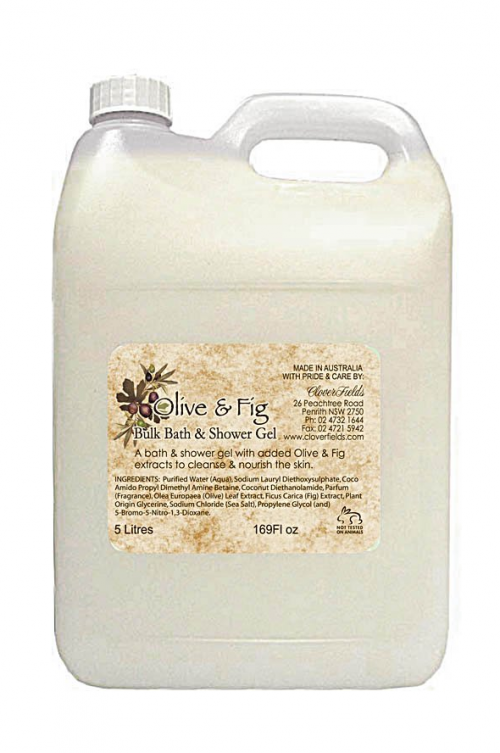 BULK 5L SHOWER GEL OLIVE AND FIG - OLIVE & FIG SHOWER GEL in an economical 5 litre size to refill your own containers. A great saving!! Check out our 5 litre bottle pump for easy dispensing too. 

SHOWER GEL is mild and gentle on the skin & suitable for the whole family.

Try adding a capful to your washing machine, it saves money and linens smell fantastic.

For fundraising we also have a range of bottles & labels available for self filling. Clover Fields also has an in-house printing service and we can print custom labels, please contact us for more information.

This product can also be used in spa baths. Please start with small quantities on low speed to avoid a frothy nightmare.

FRAGRANCES ALSO AVAILABLE - Lavender,Rose & Frangipani

PLEASE NOTE: Natural colouring is being discontinued from our BULK LIQUIDS. These items will instead show a slight tinge of colour from the natural oils and therefore become mostly clear from October 2024. Quality natural handmade soaps, candle, home, bathroom & beauty products make great gift ideas for him & her for any occasion or if you just want to treat yourself.