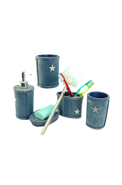DENIM DESIGN RESINWARE VANITY SET - Heavy duty poly resin bathroom ware set containing a Dispenser, Soap Dish, Toilet Brush, Toothbrush Holder & Tumbler. A young modern design, great for teenagers. Buy the whole set of 5 for $55.00. Normal Price = $73.50 Quality natural handmade soaps, candle, home, bathroom & beauty products make great gift ideas for him & her for any occasion or if you just want to treat yourself.