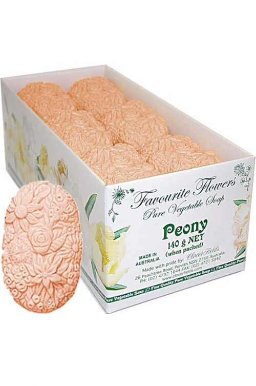 PEONY 140G FAVOURITE FLOWERS SOAP  - Favourite Flowers fine detailed engraved soaps with an elegant Frangipani fragrance. This soap will dress up a bathroom and are so creamy to use with the added Sorbolene. A really nice gift too! Bulk Packed with 24 Soaps. Quality natural handmade soaps, candle, home, bathroom & beauty products make great gift ideas for him & her for any occasion or if you just want to treat yourself.