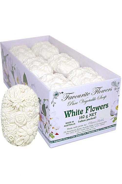 WHITE FLOWERS 140G FAVOURITE FLOWERS SOAP - Favourite Flowers fine detailed engraved soaps with an elegant White linen style fragrance. This soap will dress up a bathroom and are so creamy to use with the added Sorbolene. A really nice gift too! Quality natural handmade soaps, candle, home, bathroom & beauty products make great gift ideas for him & her for any occasion or if you just want to treat yourself.