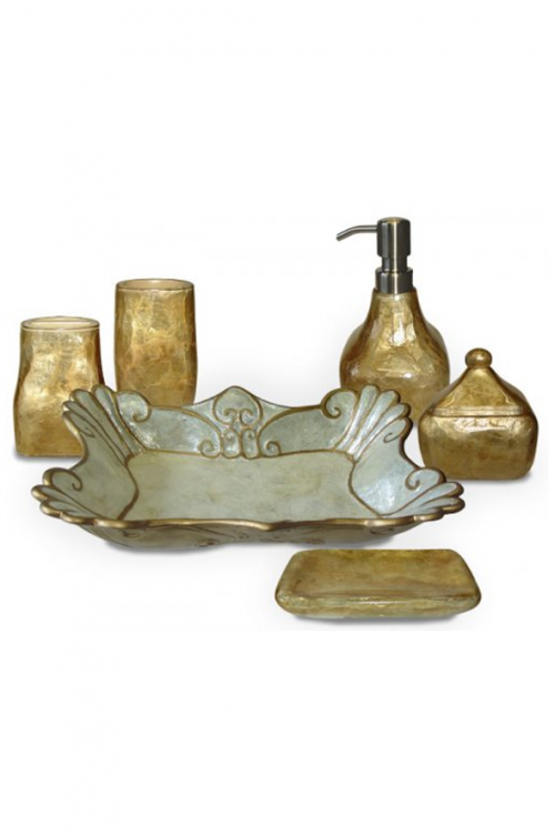 GOLDEN MOTHER OF PEARL RESINWARE VANITY SET - Beautiful Pearly Gold bathroom ware. Consisting of Cotton Bud Holder, Dispenser, Toothbrush Holder, Soap Dish, Tumbler, and Tray. Exquisite Quality to suit any taste or bathroom decor. Buy all 6 items in the range for a special package deal of $110.00. Normal Price = $155.00 Quality natural handmade soaps, candle, home, bathroom & beauty products make great gift ideas for him & her for any occasion or if you just want to treat yourself.