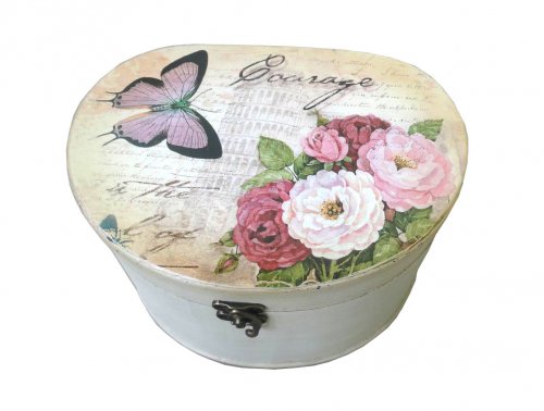 WOODEN BOXES - BUTTERFLY & FLOWERS - A ROUND CANVAS COVERED WOODEN BUTTERFLY & FLOWER  DESIGN  BOX.  GREAT TO STORE KEYS , MAKEUP AND KEEPSAKES. TRY FILLING WITH  SOME GOODIES FOR A GREAT GIFT PACK. 18X24X14 Quality natural handmade soaps, candle, home, bathroom & beauty products make great gift ideas for him & her for any occasion or if you just want to treat yourself.