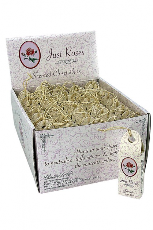 JUST ROSES SCENTED CLOSET BARS - Rose Scented hanger for wardrobes, drawers, cars etc to neutralise stuffy odours and lightly fragrance the contents within.  A great gift for any occasion! 10 x 3 x 2cm.

Ingredients: Sodium Palmate, Sodium Palmkernelate, Vegetable Glycerine (plant origin), Sodium Chloride (natural sea salt), Parfum (Fragrance), Vermiculite & Wood shavings (Plantation Radiata Pine). Quality natural handmade soaps, candle, home, bathroom & beauty products make great gift ideas for him & her for any occasion or if you just want to treat yourself.