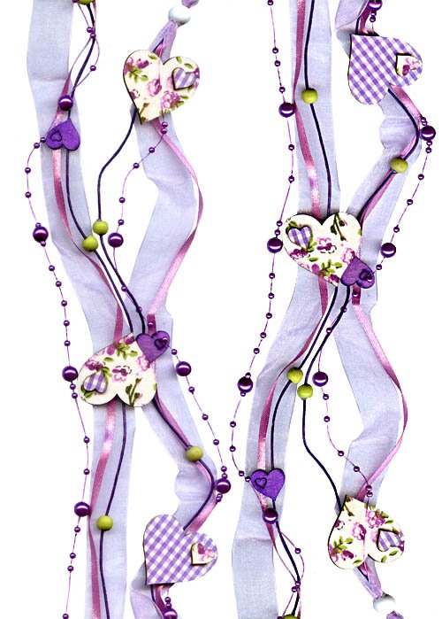 HANGER - BEADS & HEARTS MAUVE - <p>A mauve beads/hearts theme. Wood and fabric decorative hanger 129cm in length.</p>
<div id=