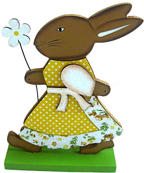 STAND - BUNNY GIRL - Wood and fabric bunny stand. Great country look decoration especially at Easter. Make a great table centre piece surrounded by Easter Eggs. 19 x 12 x 4cm Quality natural handmade soaps, candle, home, bathroom & beauty products make great gift ideas for him & her for any occasion or if you just want to treat yourself.