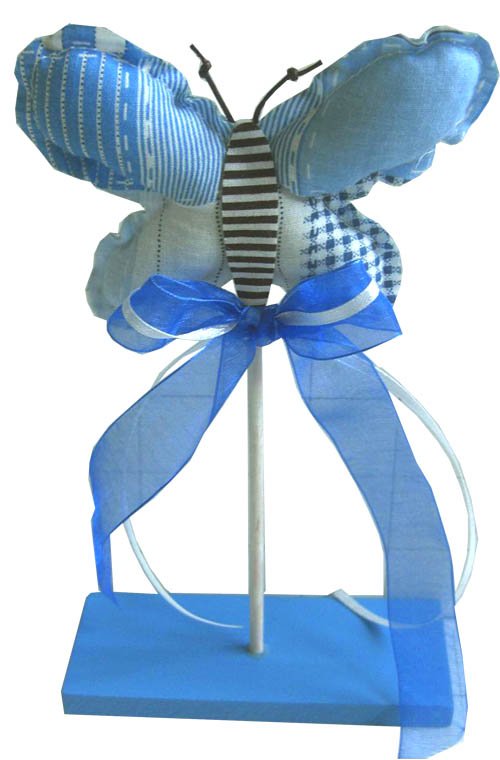 STAND - BUTTERFLY BLUE - Fabric patchwork butterfly on wooden stand. 11 x 12 x 21cm. Quality natural handmade soaps, candle, home, bathroom & beauty products make great gift ideas for him & her for any occasion or if you just want to treat yourself.