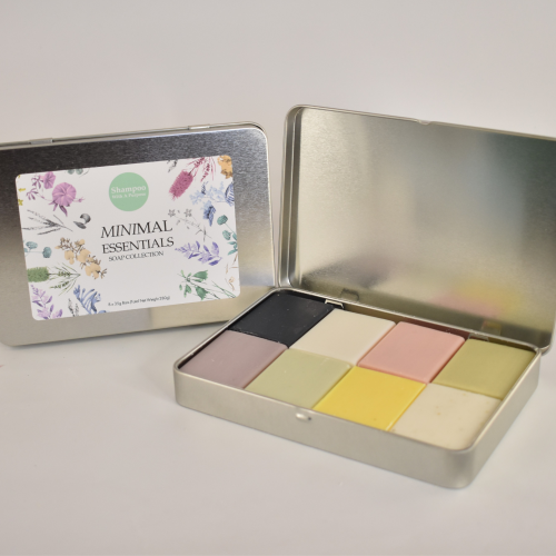 MINIMAL ESSENTIALS SOAP SAMPLER TIN - Experience every soap from our Minimal Essentials Soap Collection featuring all of our coconut-based soaps in a convenient 35g sample size, neatly packed in a reusable aluminium tin. Discover all eight unique varieties — perfect for travel, gifting, or treating yourself to a little luxury. Quality natural handmade soaps, candle, home, bathroom & beauty products make great gift ideas for him & her for any occasion or if you just want to treat yourself.