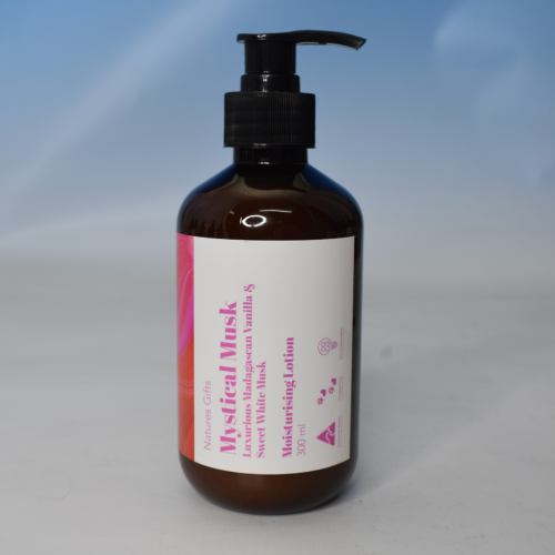 NATURES GIFTS - MYSTICAL MUSK 300ML LOTION - A classical blend of Luxurious Madagascan Vanilla & Sweet White Musk that wraps you in a warm, soft aura. It is pure comfort in a bottle.

Nourishing and fast-absorbing, this 300 mL lotion envelops your skin in warmth and moisture.

Love the way I smell? Try me with the rest of my range including a Shower Gel, Hand Wash, and Body Scrub for a full-body treat Quality natural handmade soaps, candle, home, bathroom & beauty products make great gift ideas for him & her for any occasion or if you just want to treat yourself.