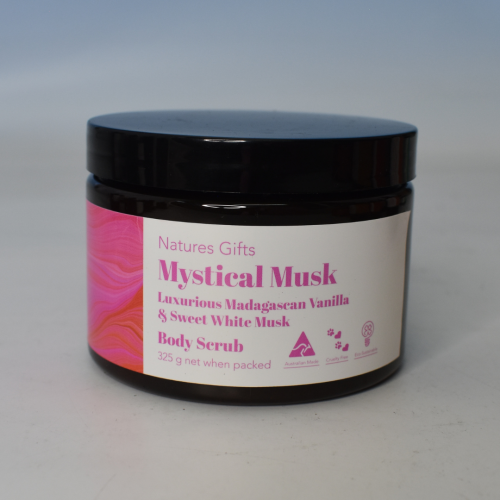 NATURES GIFTS - MYSTICAL MUSK 325G BODY SCRUB - A classical blend of Luxurious Madagascan Vanilla & Sweet White Musk that wraps you in a warm, soft aura. It is pure comfort in a bottle.
Gently buffs away dryness with this 325 g body scrub while leaving skin smooth, luminous, and lightly perfumed with sweet musk.
Love the way I smell? Try me with the rest of my range including a Lotion, Hand Wash, and Shower Gel for a full-body treat. Quality natural handmade soaps, candle, home, bathroom & beauty products make great gift ideas for him & her for any occasion or if you just want to treat yourself.