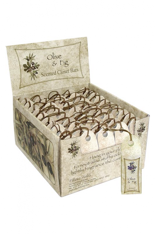 OLIVE & FIG SCENTED CLOSET BARS - Olive & Fig scented hanger for wardrobes, drawers, cars etc to neutralise stuffy odours and lightly fragrance the contents within. A great gift for any occasion! 10 x 3 x 2cm.

Ingredients: Sodium Palmate, Sodium Palmkernelate, Vegetable Glycerine (plant origin), Sodium Chloride (natural sea salt), Parfum (Fragrance), Vermiculite & Wood shavings (Plantation Radiata Pine). Quality natural handmade soaps, candle, home, bathroom & beauty products make great gift ideas for him & her for any occasion or if you just want to treat yourself.