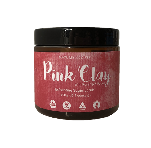 PINK CLAY EXFOLIATING SUGAR SCRUB 450GRAMS - AN EXFOLIATING SUGAR SCRUB WITH PINK CLAY AND ROSEHIP AND PEONY
DETOX, CLEANSE AND NATURALLY MOISTURISES YOUR BODY, COMBINE BI-WEEKLY THIS SCRUB WITH DAILY APPLICATION OF THE TPINK CLAY HYDRATING LOTION AND MOISTURISING CLEANSER FOR A GREAT SKIN CARE ROUTINE. Quality natural handmade soaps, candle, home, bathroom & beauty products make great gift ideas for him & her for any occasion or if you just want to treat yourself.