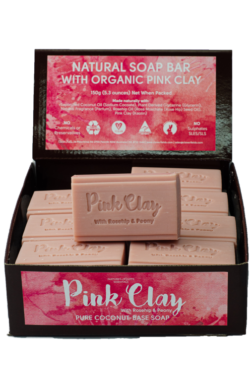 NATURAL SOAP BAR WITH ORGANIC PINK CLAY 150G - A NATURAL COCONUT BASE SOAP BAR  CONTAINING PINK CLAY WITH ROSEHIP AND PEONY. Quality natural handmade soaps, candle, home, bathroom & beauty products make great gift ideas for him & her for any occasion or if you just want to treat yourself.