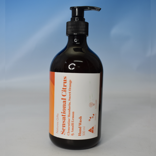 NATURES GIFTS - SENSATIONAL CITRUS 500ML HAND WASH  - Bursting with juicy energy, this zesty blend of Clementine Mandarin, Sweet Orange, & Amalfi Lemon awakens your skin and your spirit.

This zingy 500mL hand wash cleanses and revitalizes, leaving hands fresh and delicately scented.

Feeling fresh? Keep the citrus vibes going with the full Sensational Citrus range, pair me with the matching Shower Gel, Body Scrub, and Lotion for a full burst of sunshine. Quality natural handmade soaps, candle, home, bathroom & beauty products make great gift ideas for him & her for any occasion or if you just want to treat yourself.
