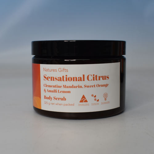 NATURES GIFTS - SENSATIONAL CITRUS 325G BODY SCRUB - Bursting with juicy energy, this zesty blend of Clementine Mandarin, Sweet Orange, & Amalfi Lemon awakens your skin and your spirit.
Exfoliate with this 325g citrus-charged scrub that leaves your skin smooth, glowing, and revitalized.
Feeling fresh? Keep the citrus vibes going with the full Sensational Citrus range, pair me with the matching Shower Gel, Hand Wash and Lotion for a full burst of sunshine. Quality natural handmade soaps, candle, home, bathroom & beauty products make great gift ideas for him & her for any occasion or if you just want to treat yourself.