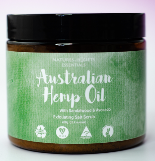 AUSTRALIAN HEMP BODY SCRUB - Relax, renew and revitalise your skin and body with this Australian Hemp Oil Salt Body Scrub. Gently massage into lightly damp skin, focusing on dry areas. Rinse off and pat dry. Exfoliates naturally leaving your skin feeling fresh, detoxed and velvet smooth. Combine bi-weekly use of this scrub with daily application of the Cleansing Wash and Hydrating Lotion for a great skincare routine.
This product does not contain any active THC. Quality natural handmade soaps, candle, home, bathroom & beauty products make great gift ideas for him & her for any occasion or if you just want to treat yourself.