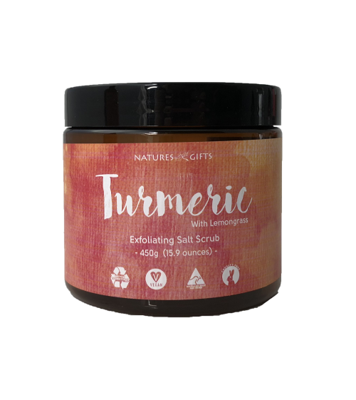 TURMERIC BODY SCRUB 450GRAMS - THIS TURMERIC WITH LEMONGRASS EXFOLIATING SALT SCRUB WILL DETOX, CLEANSE AND NATURALLY MOISTURISE YOUR BODY. COMBINE BI-WEEKLY THIS SCRUB WITH DAILY APPLICATION OF THE TURMERIC HYDRATING LOTION AND MOISTURISING CLEANSER FOR A GREAT SKIN CARE ROUTINE. Quality natural handmade soaps, candle, home, bathroom & beauty products make great gift ideas for him & her for any occasion or if you just want to treat yourself.