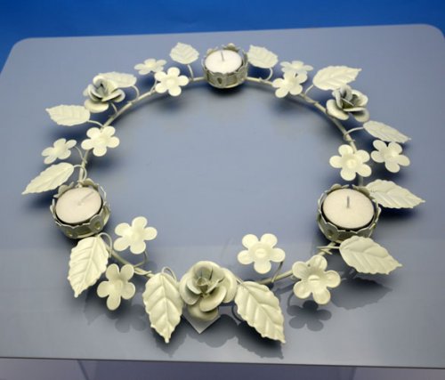 CANDLE HOLDER - WHITE METAL CANDLE HOLDER - <p>White metal table wreath and votive candle holder. Beautifully ornate a gorgeous centre piece for any occasion. 35 x 35 x 3</p> Quality natural handmade soaps, candle, home, bathroom & beauty products make great gift ideas for him & her for any occasion or if you just want to treat yourself.